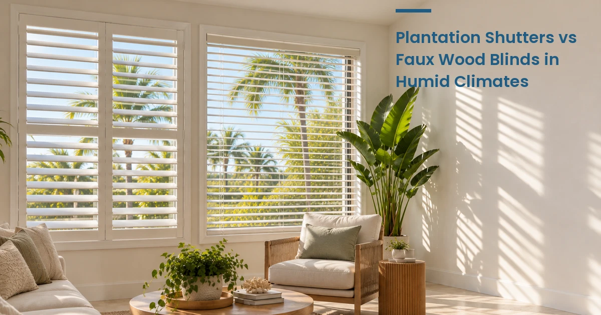 Plantation shutter beside faux wood blinds