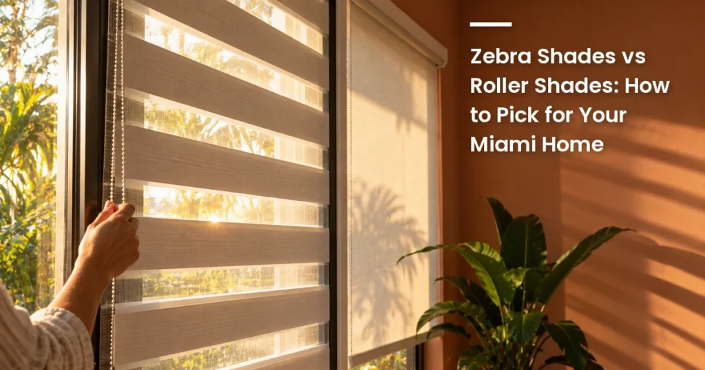 Zebra and roller shades in a Miami living room